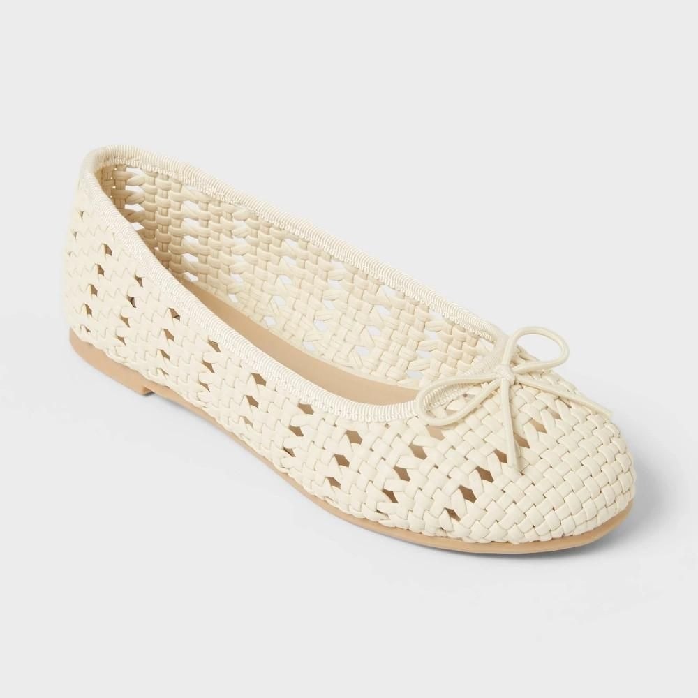 Cat & Jack Kids Doris Woven Ballet Flats Cream Bow Slip On Shoes Size 6 4Y